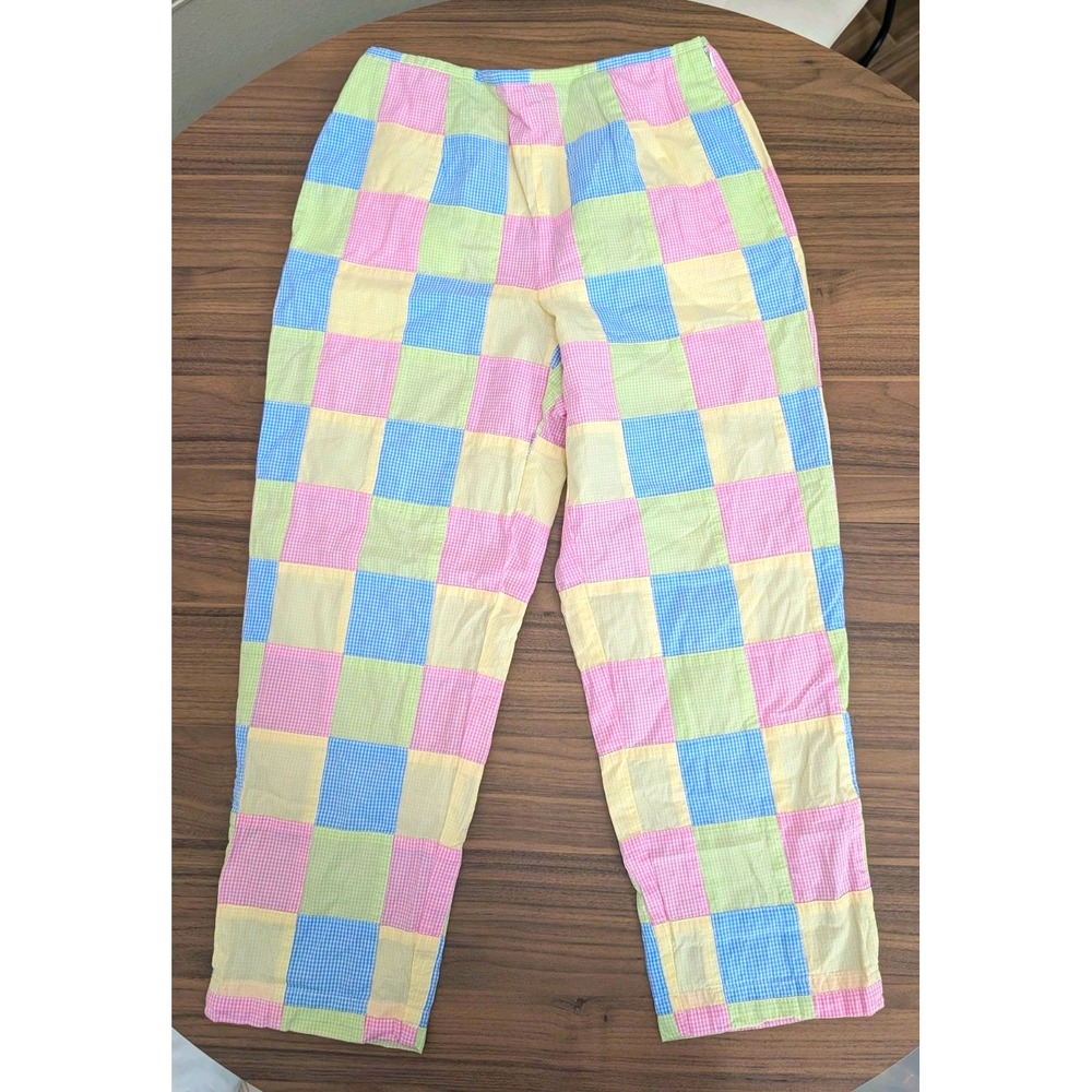 Talbots Women's Sz 10 Pastel Gingham Patchwork Pants Pink Green Blue Yellow 90's